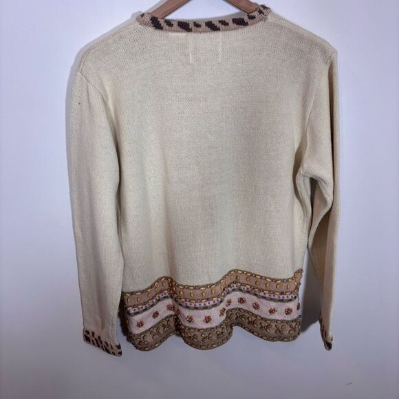 STORYBOOK KNITS Vintage Sweater /Cardigan NEW BEIGE W/Pink Roses BEADING Large - Picture 10 of 16
